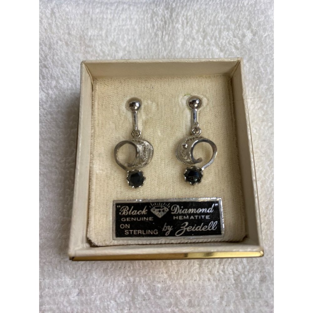 Ziedell's Black Tourmaline Stone in Round Loop Shaped Earrings, Vintage Silver J